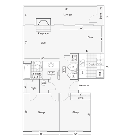 2 bedroom 1 bathroom floor plan at BelAire, California